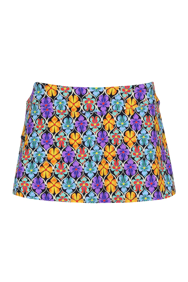 Front pose #1 of a floating garment shot featuring Sunsets Trellis Blooms Sporty Swim Skirt