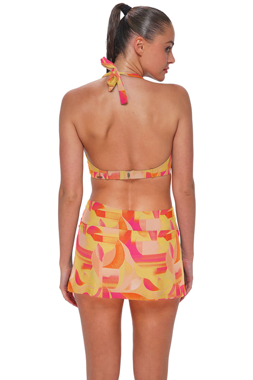 Back pose #1 of Daniella wearing Sunsets Dreamsicle Crepe Allison Swim Skirt