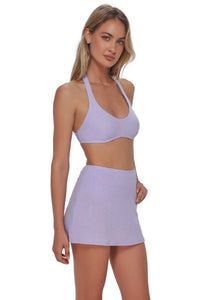 Quarter pose #1 of Jessica wearing Pacifica by Sunsets Lilac Scrunch Cove Mini Skirt Cover-Up