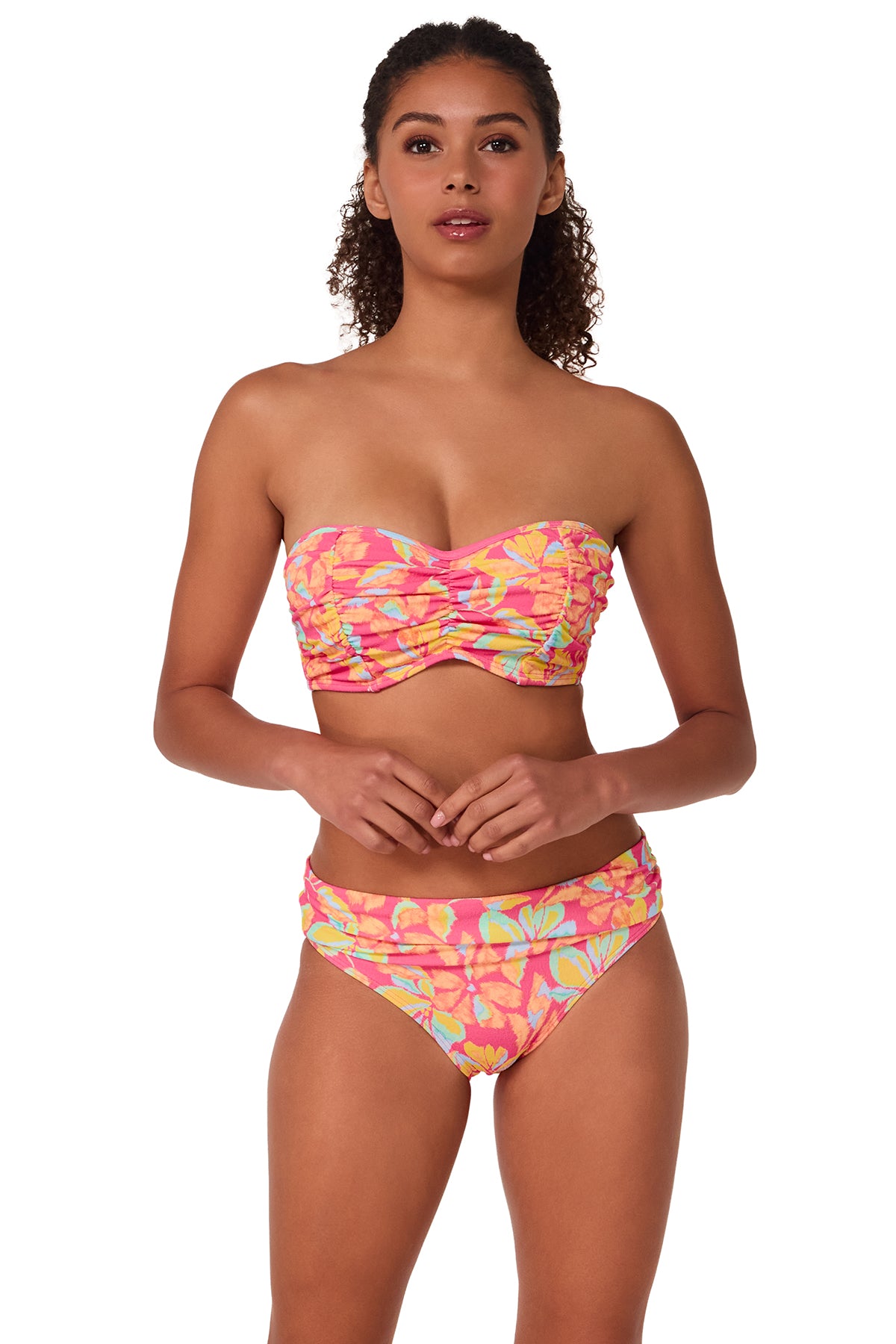 Active pose #1 of Brita wearing Sunsets Magic Hour Crepe Loretta Bandeau Top as a strapless bikini