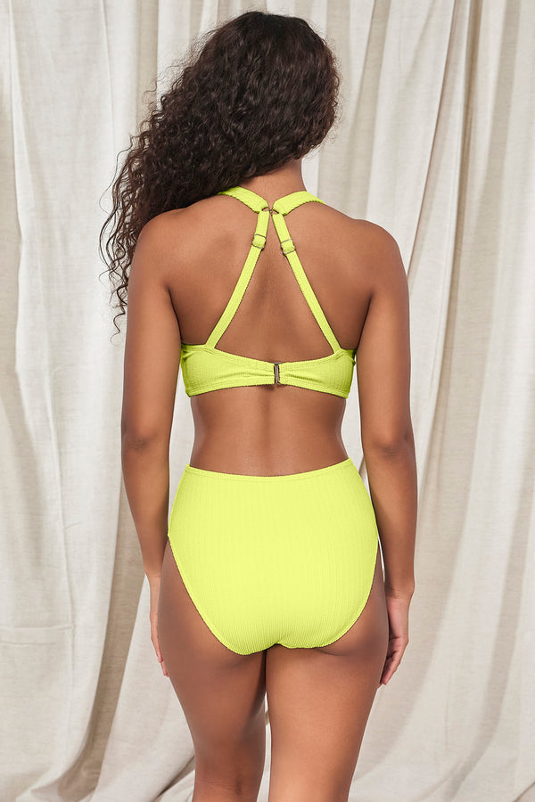 Back pose #1 of Jasmine wearing Pacifica Bright Pear Mirabella Top showing crossback straps