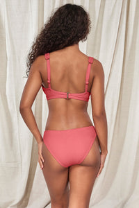 Back pose #1 of Jasmine wearing Pacifica Hibiscus Tea Penny Hipster Bottom paired with matching Mirabella Bikini Top