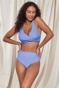 Front pose #1 of Jasmine wearing Pacifica Hydrangea Astrid High Waist Bottom paired with matching Mirabella Bikini Top