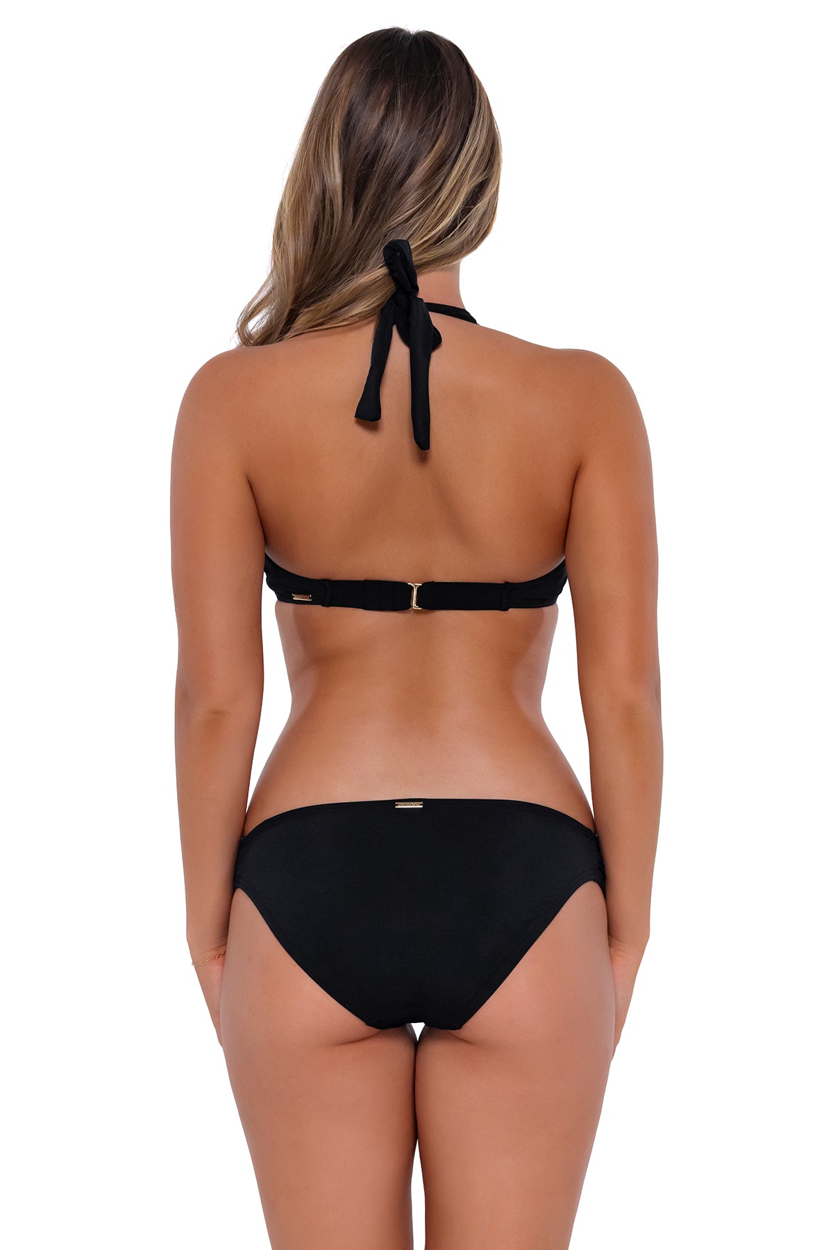 Back pose #1 of Taylor wearing Sunsets Black Muse Halter Top with matching Femme Fatale Hipster bikini bottom