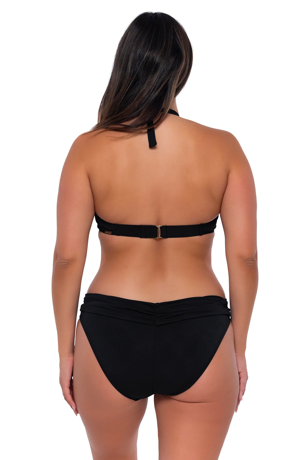 Back pose #1 of Nicky wearing Sunsets Black Muse Halter Top with matching Unforgettable Bottom bikini