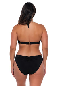 Back pose #1 of Nicky wearing Sunsets Black Muse Halter Top with matching Unforgettable Bottom bikini