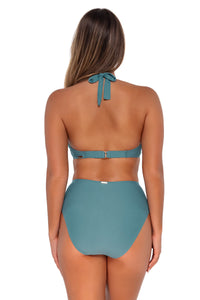 Back pose #1 of Taylor wearing Sunsets Ocean High Road Bottom with matching Muse Halter bikini top