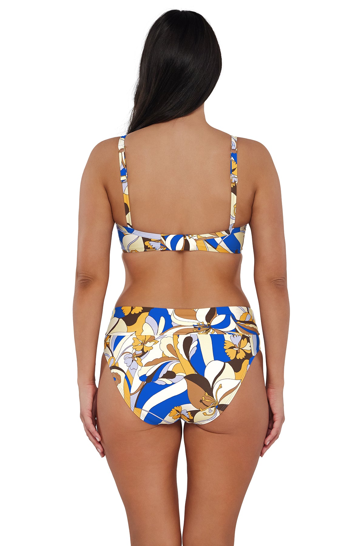 Back pose #1 of Nicki wearing Sunsets Bali Bungalow Hannah High Waist Bottom showing folded waist paired with matching