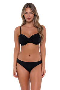 Front pose #1 of Taylor wearing Sunsets Black Crossroads Underwire Top with matching Femme Fatale Hipster bikini bottom