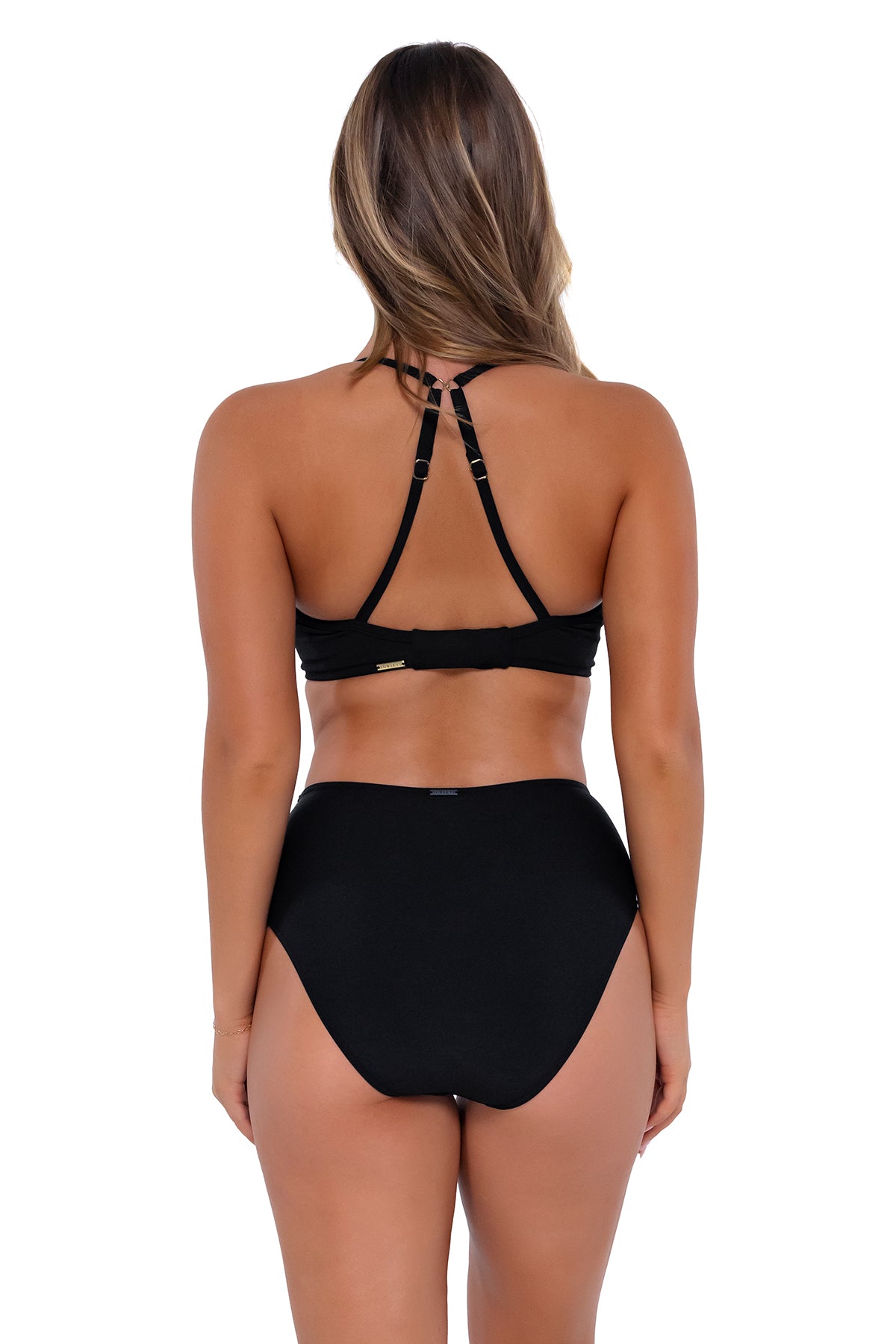 Back pose #1 of Taylor wearing Sunsets Black High Road Bottom with matching Crossroads Underwire bikini top showing crossback straps