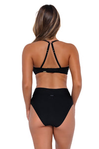 Back pose #1 of Taylor wearing Sunsets Black Summer Lovin V-Front Bottom with matching Crossroads Underwire bikini top