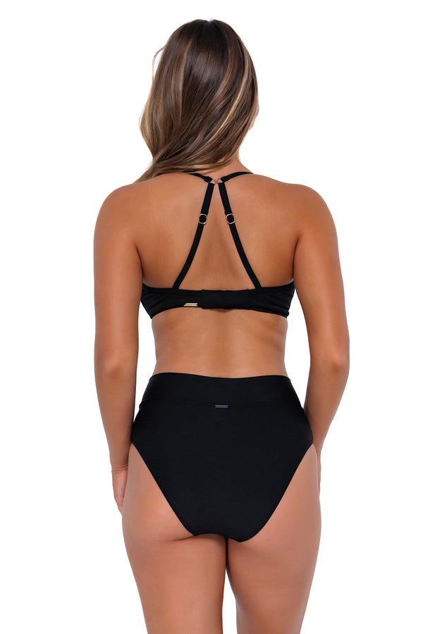 Back pose #1 of Taylor wearing Sunsets Black Summer Lovin V-Front Bottom with matching Crossroads Underwire bikini top