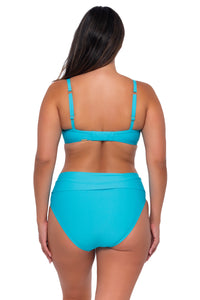 Back pose #1 of Nicky wearing Sunsets Blue Bliss Crossroads Underwire Top with matching Hannah High Waist bikini bottom