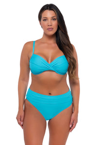 Front pose #1 of Nicky wearing Sunsets Blue Bliss Crossroads Underwire Top with matching Hannah High Waist bikini bottom