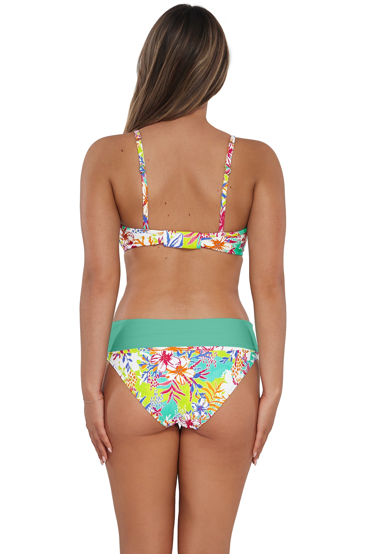 Back pose #1 of Taylor wearing Sunsets Botanical Bliss Sandbar Rib Crossroads Underwire Top