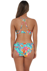 Back pose #1 of Taylor wearing Sunsets Festive Floral Sandbar Rib Crossroads Underwire Top showing crossback straps