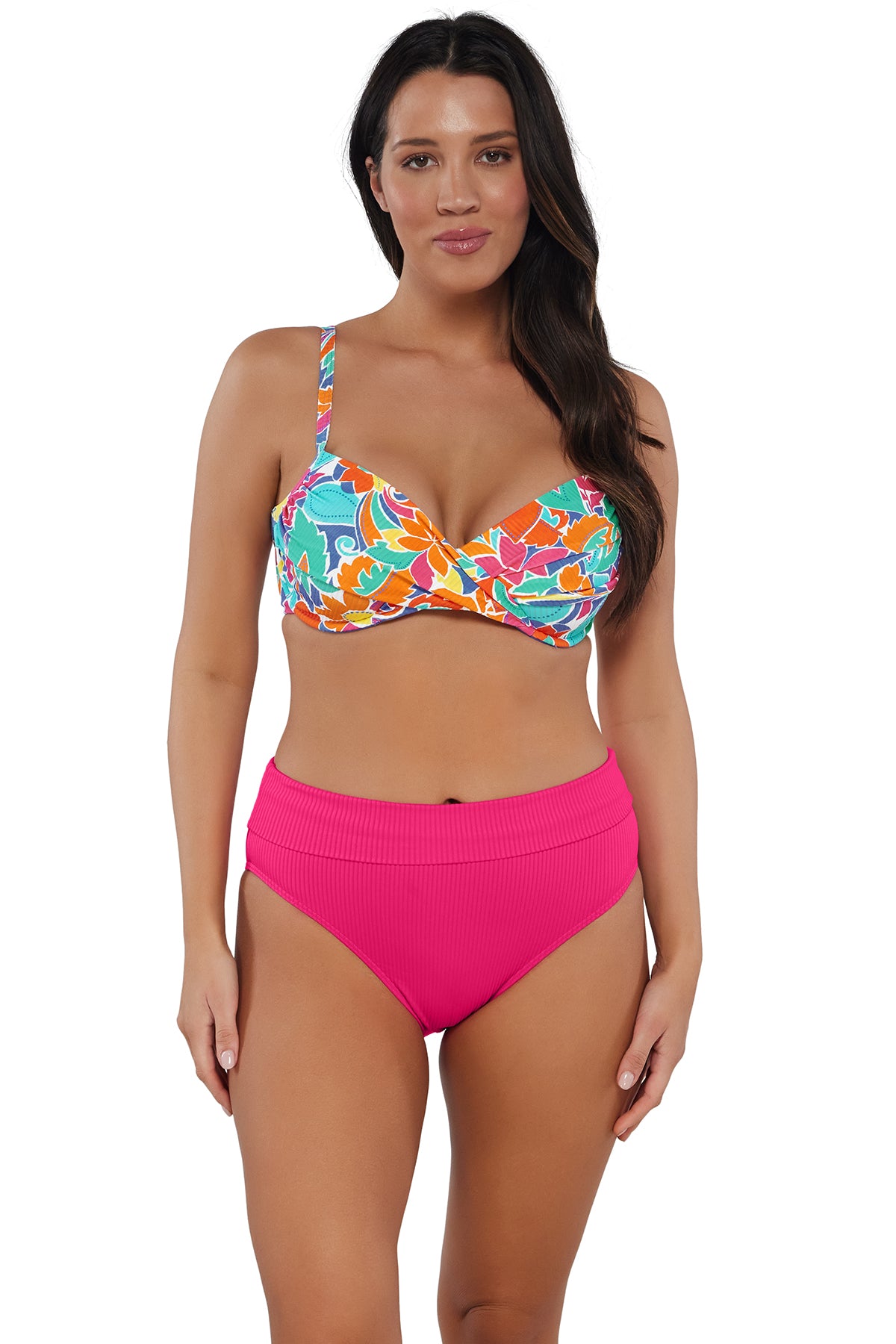 Front pose #1 of Nicki wearing Sunsets Festive Floral Sandbar Rib Crossroads Underwire Top