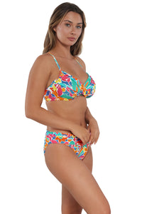 Quarter pose #1 of Taylor wearing Sunsets Festive Floral Sandbar Rib Crossroads Underwire Top