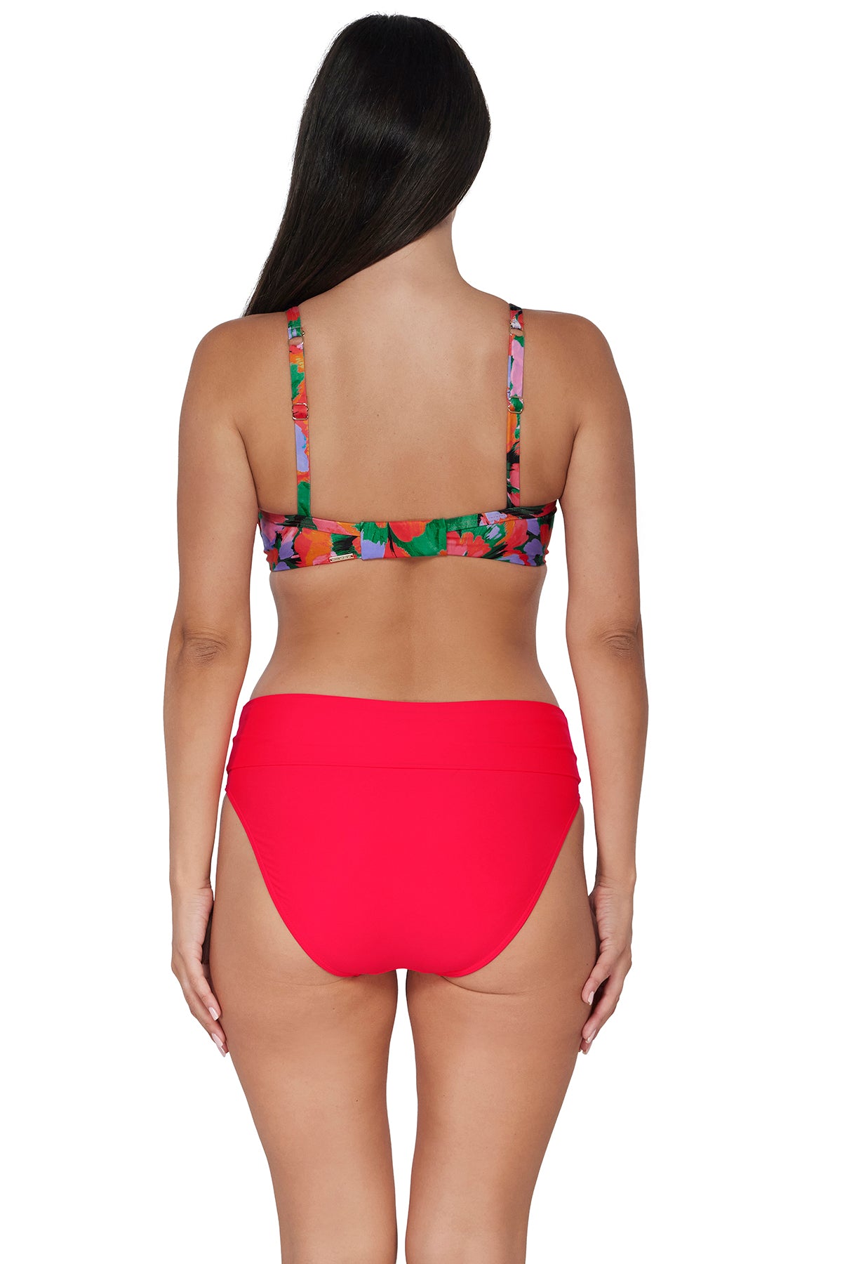 Back pose #1 of Nicki wearing Sunsets Hummingbird Cove Crossroads Underwire Top paired with coordinating Geranium Hannah High Waist Bottom