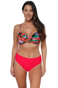 Front pose #1 of Nicki wearing Sunsets Hummingbird Cove Crossroads Underwire Top paired with coordinating Geranium Hannah High Waist Bottom