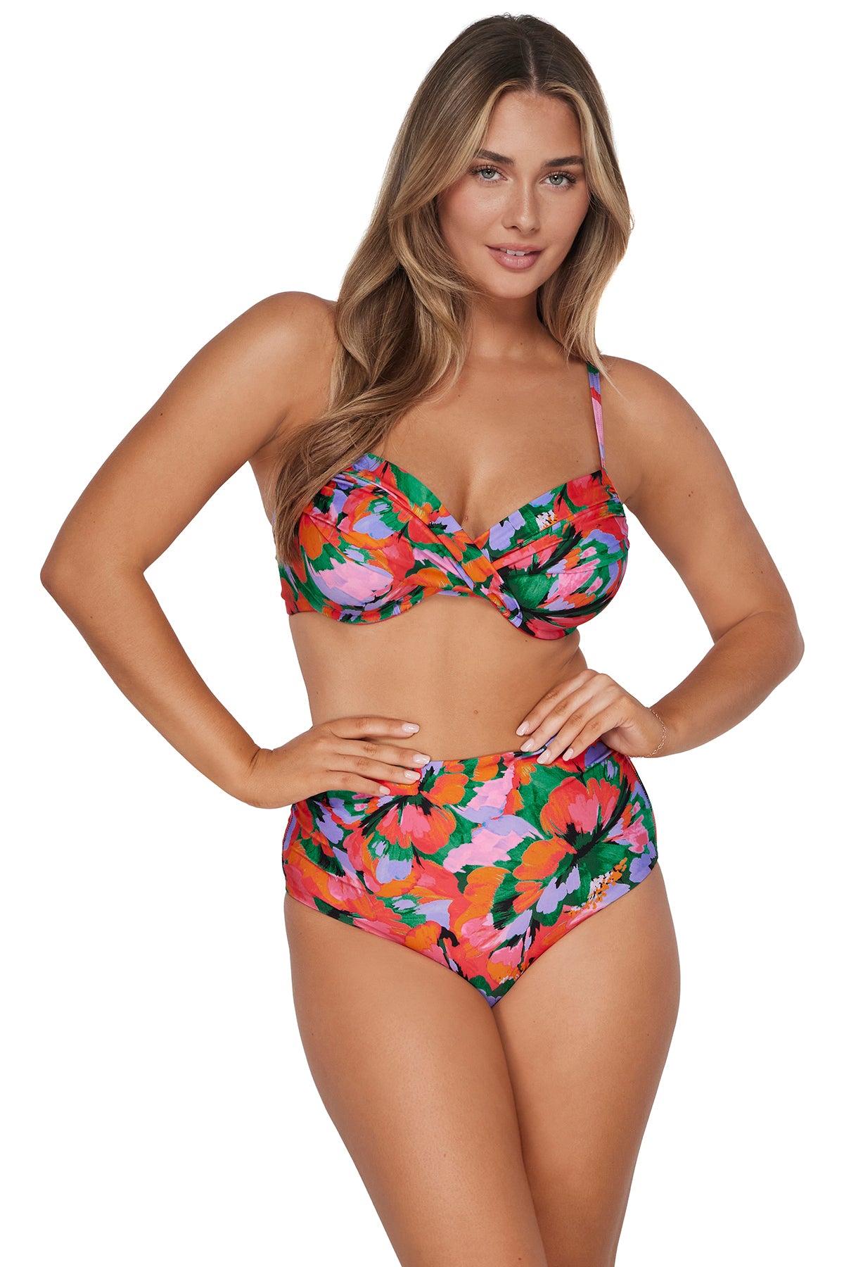 Front pose #1 of Taylor wearing Sunsets Hummingbird Cove Capri High Waist Bottom paired with matching Crossroads Underwire Bikini Top