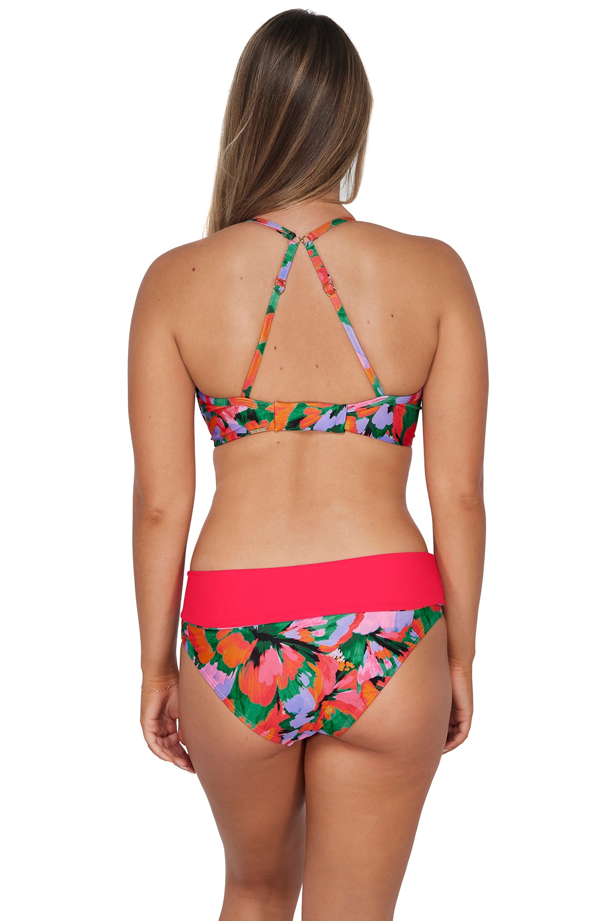 Back pose #1 of Taylor wearing Sunsets Hummingbird Cove Capri High Waist Bottom showing folded waist paired with matching Crossroads Underwire Bikini Top