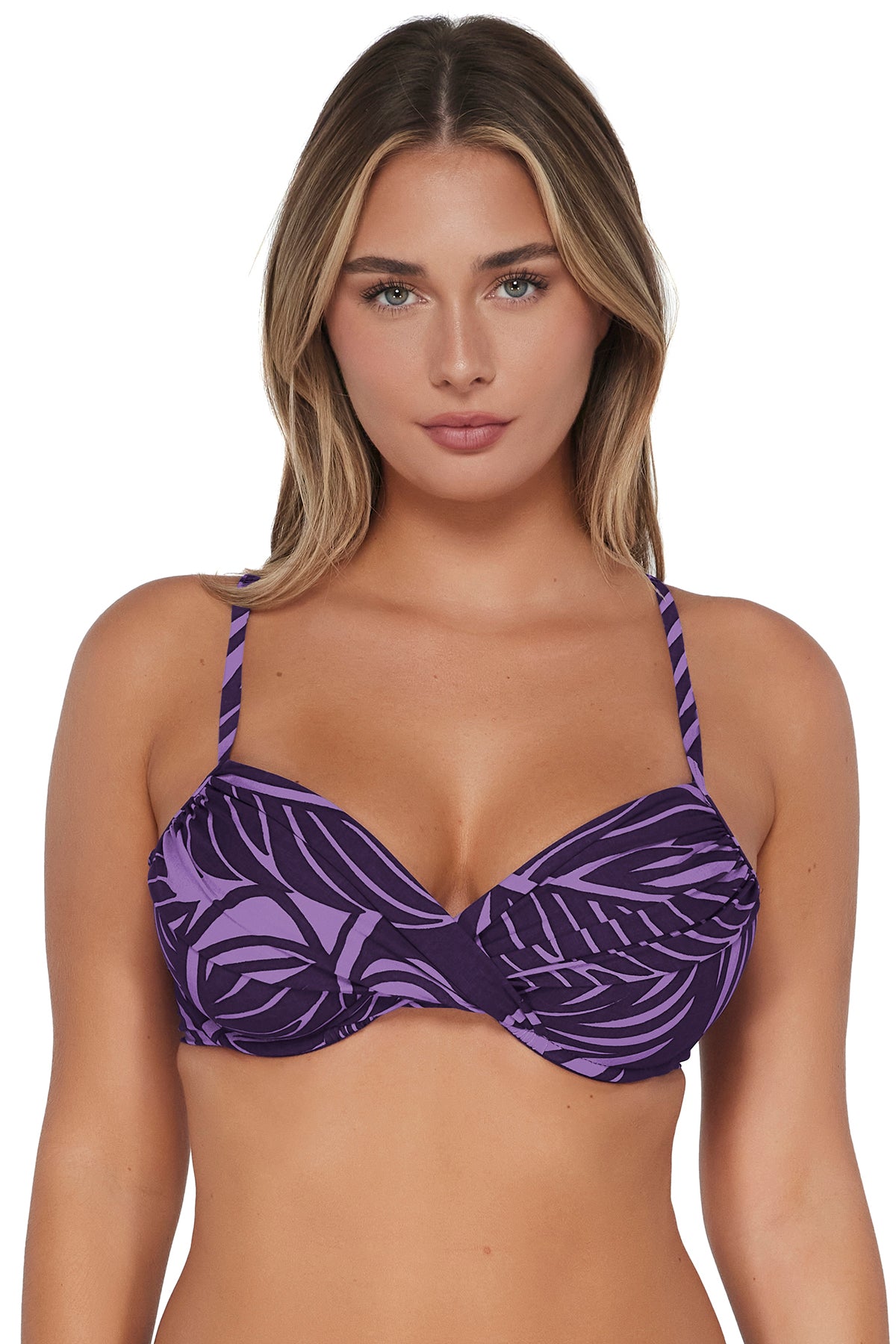 Front pose #3 of Taylor wearing Sunsets Mystic Palms Crossroads Underwire Top