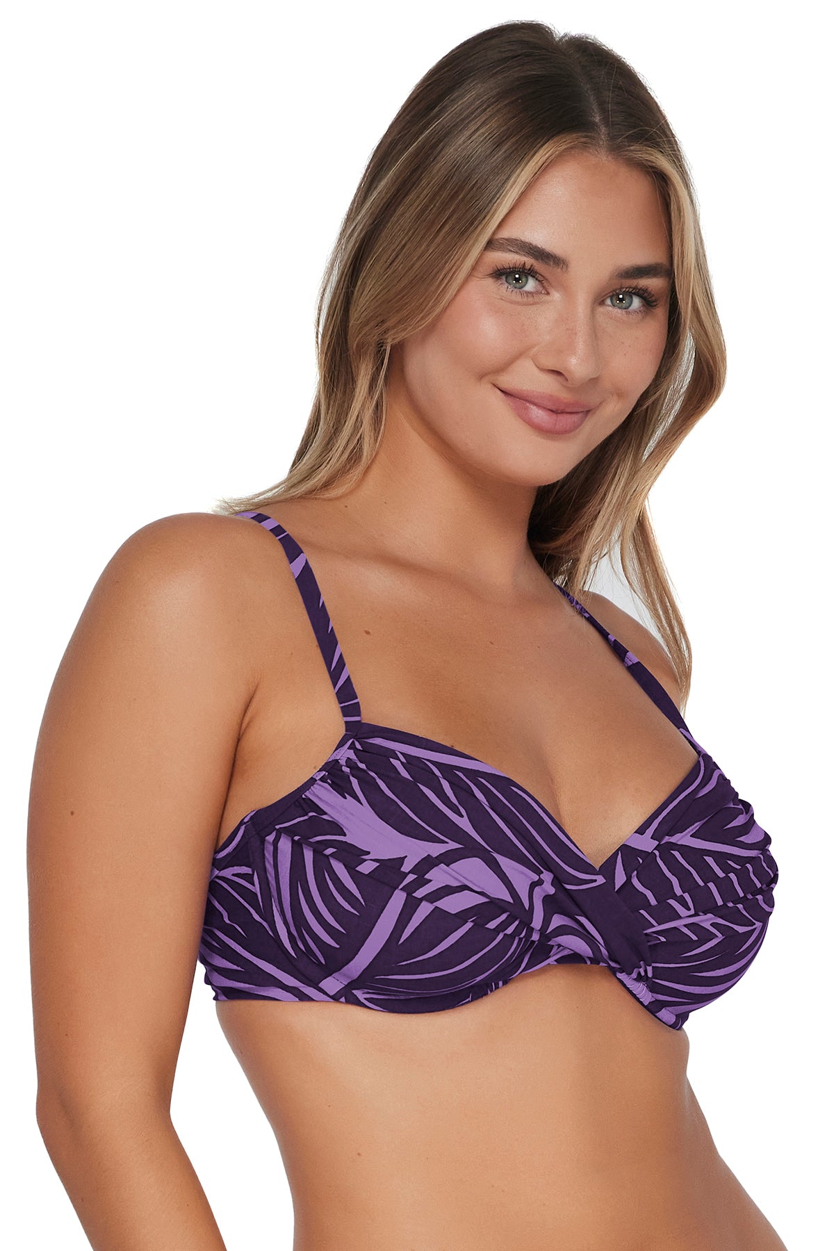 Quarter pose #1 of Taylor wearing Sunsets Mystic Palms Crossroads Underwire Top