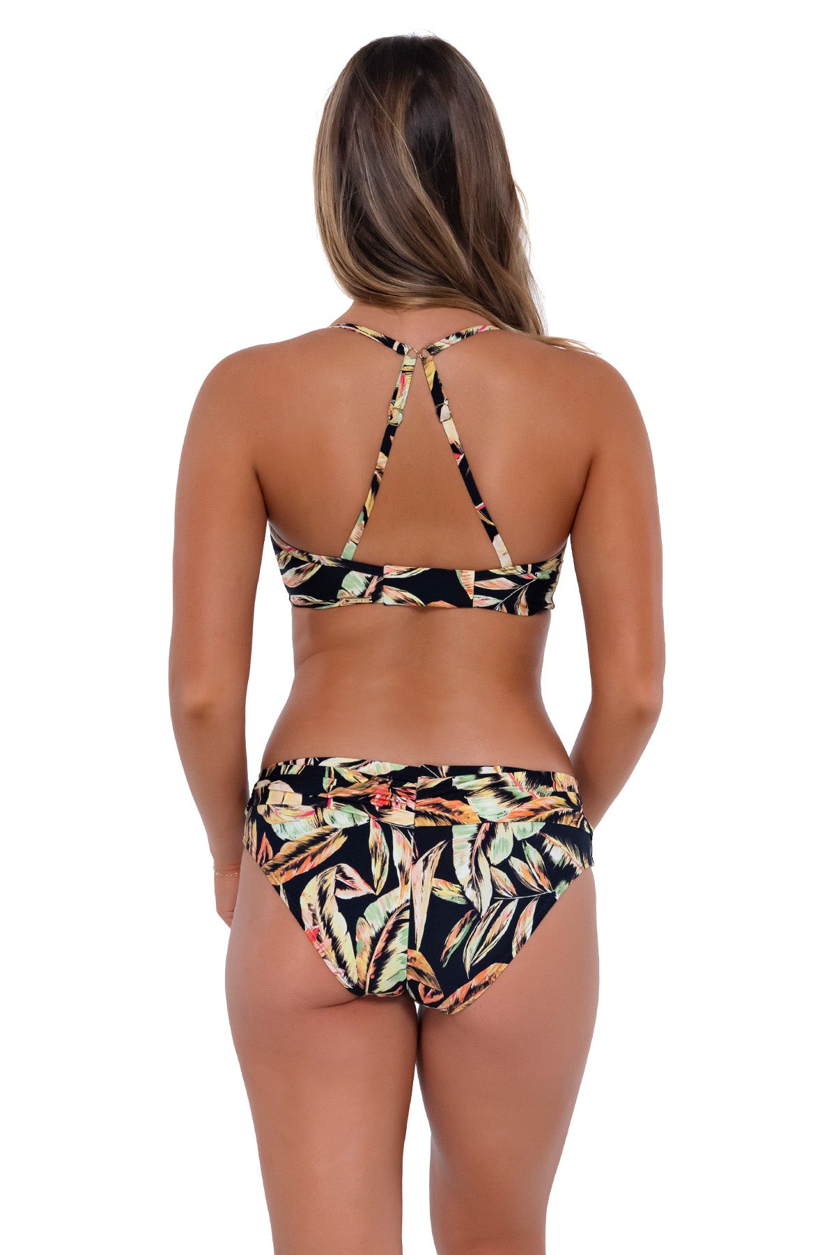 Back pose #1 of Taylor wearing Sunsets Retro Retreat Crossroads Underwire Top showing crossback straps with matching Unforgettable Bottom bikini