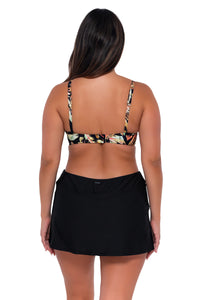 Back pose #1 of Nicky wearing Sunsets Retro Retreat Crossroads Underwire Top with matching Sporty Swim Skirt