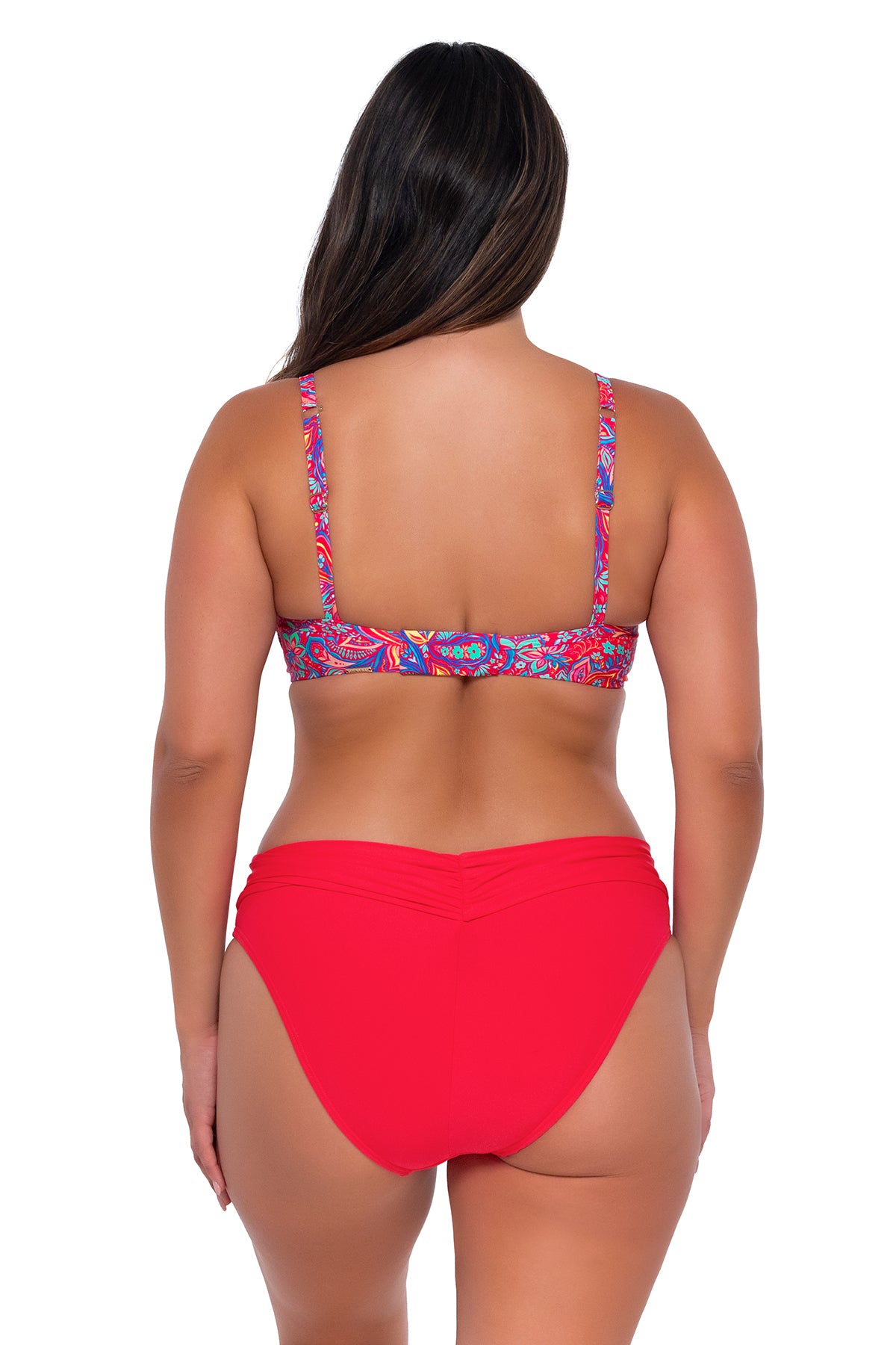 Back pose #1 of Nicky wearing Sunsets Rue Paisley Crossroads Underwire Top with matching Unforgettable Bottom bikini