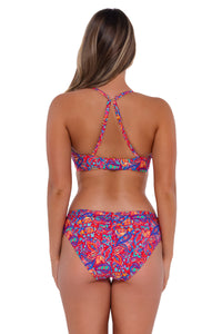 Back pose #1 of Taylor wearing Sunsets Rue Paisley Crossroads Underwire Top showing crossback straps with matching Unforgettable Bottom bikini