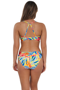 Back pose #1 of Taylor wearing Sunsets Suncatcher Crossroads Underwire Top showing crossback straps