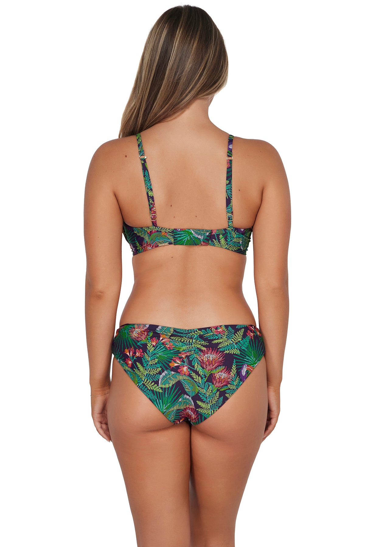 Back pose #1 of Taylor wearing Sunsets Welcome To Rio Alana Reversible Hipster Bottom paired with matching Crossroads Underwire Top