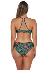 Back pose #1 of Taylor wearing Sunsets Welcome To Rio Alana Reversible Hipster Bottom paired with matching Crossroads Underwire Top