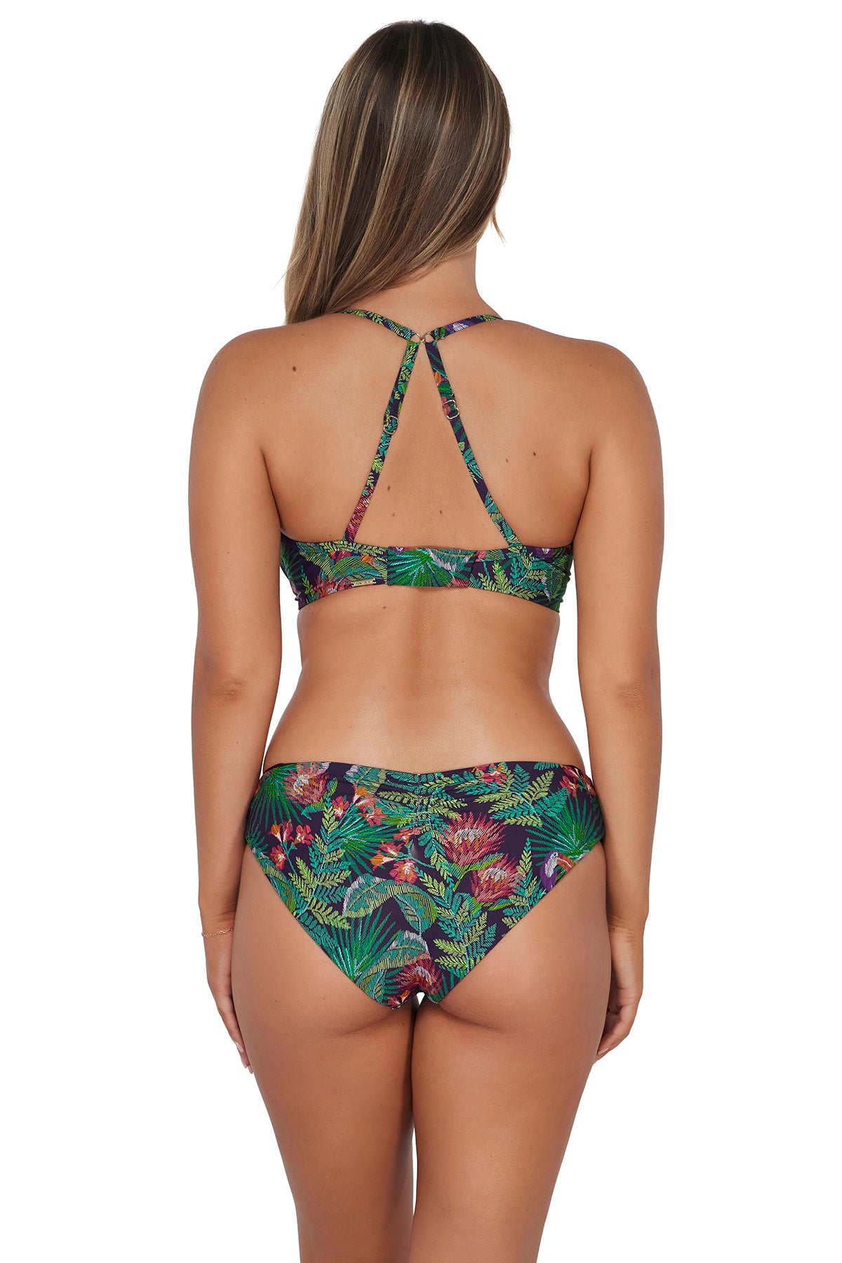 Back pose #1 of Taylor wearing Sunsets Welcome To Rio Crossroads Underwire Top showing crossback straps paired with matching Alana Reversible Hipster Bottom