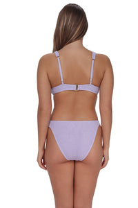 Back pose #1 of Taylor wearing Pacifica by Sunsets Lilac Scrunch Emery Top