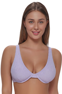 Front pose #1 of Taylor wearing Pacifica by Sunsets Lilac Scrunch Emery Top