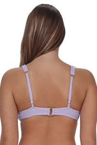 Back pose #1 of Taylor wearing Pacifica by Sunsets Lilac Scrunch Emery Top