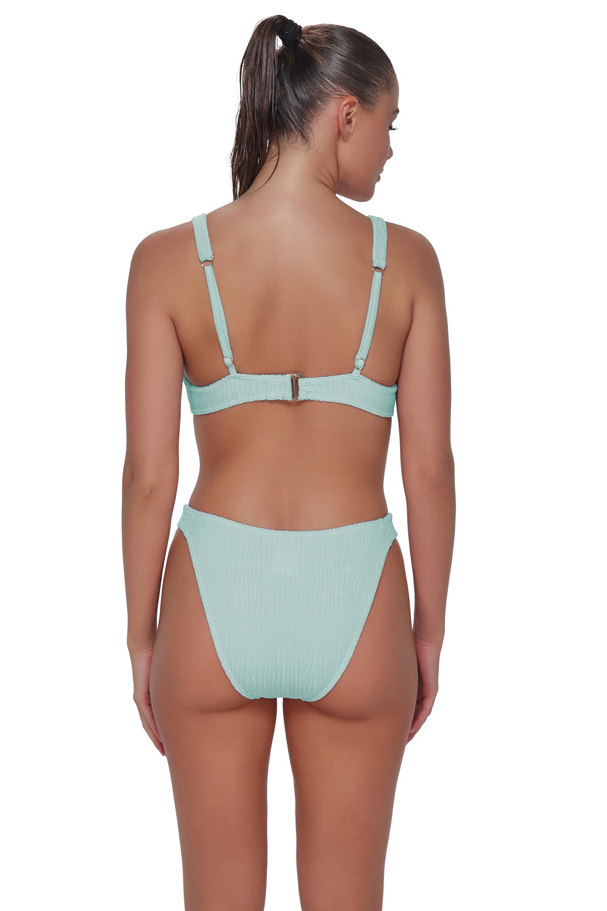 Back pose #1 of Danielle wearing Pacifica by Sunsets Mint Scrunch Emery Top