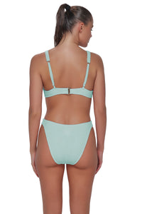 Back pose #1 of Danielle wearing Pacifica by Sunsets Mint Scrunch Emery Top
