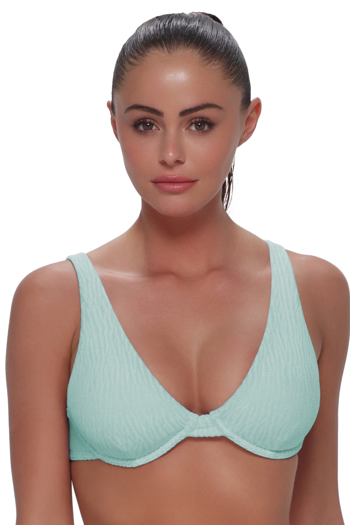 Front pose #1 of Danielle wearing Pacifica by Sunsets Mint Scrunch Emery Top
