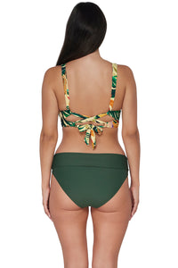 Back pose #1 of Nicki wearing Sunsets Amber Oasis Elsie Top paired with coordinating Island Green Capri High Waist Bottom