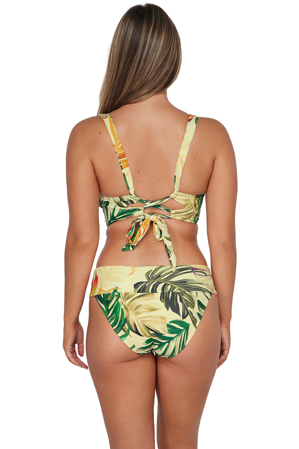 Back pose #1 of Taylor wearing Sunsets Amber Oasis Elsie Top paired with matching Hannah High Waist Bottom