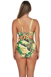 Back pose #1 of Taylor wearing Sunsets Amber Oasis Hannah High Waist Bottom paired with matching Elsie Top