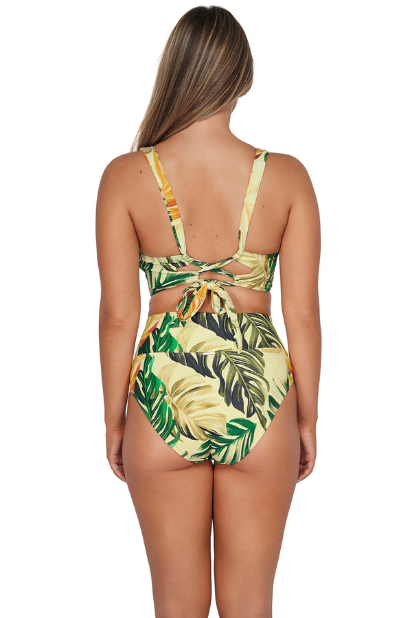 Back pose #1 of Taylor wearing Sunsets Amber Oasis Hannah High Waist Bottom paired with matching Elsie Top