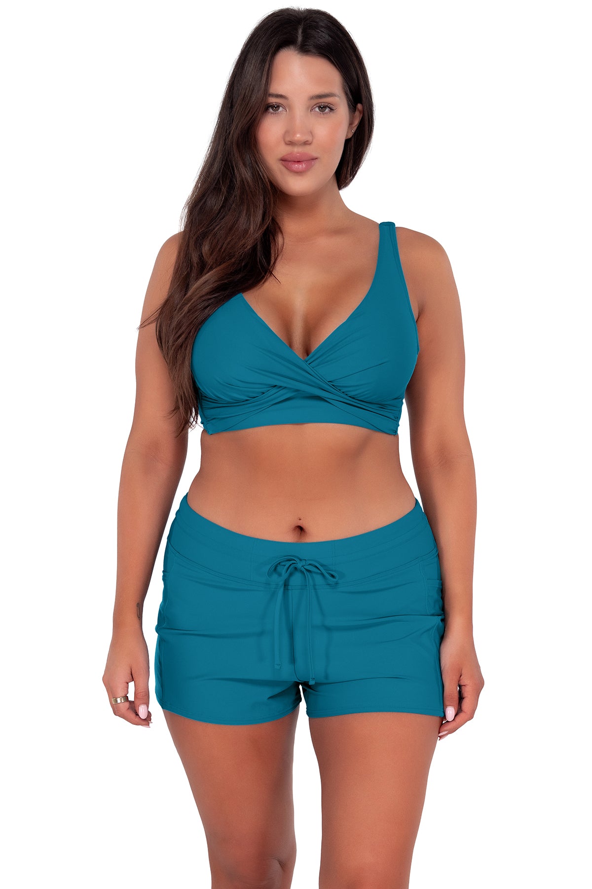 Front pose #1 of Nicki wearing Sunsets Avalon Teal Elsie Top paired with Laguna Swim Short women's casual wear