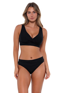 Front Front pose #1 of Taylor wearing Sunsets Black Elsie Top with matching Unforgettable Bottom bikini