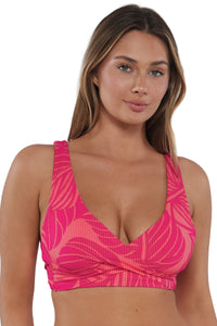 Front pose #2 of Taylor wearing Sunsets Blushing Palms Sandbar Rib Elsie Top