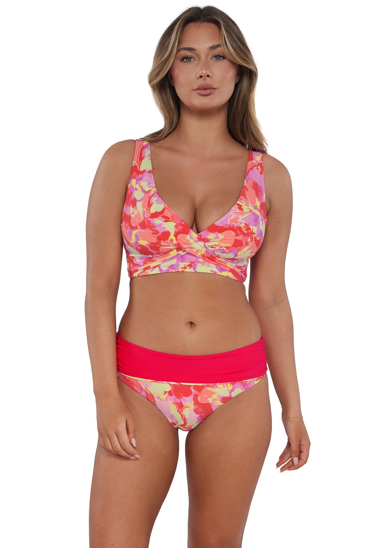 Front pose #1 of Taylor wearing Sunsets Butterfly Beach Elsie Top paired with matching Capri High Waist Bottom